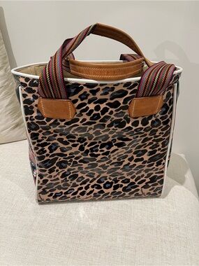 Leopard Print Consuela Tote Bag with Striped Handles - Women